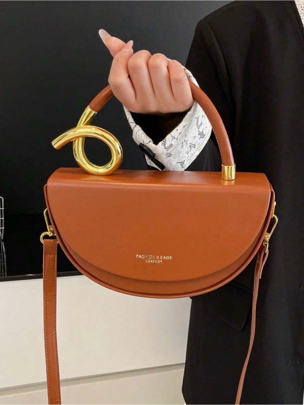Structured Tan Half-Moon Top Handle Bag with Gold Accent